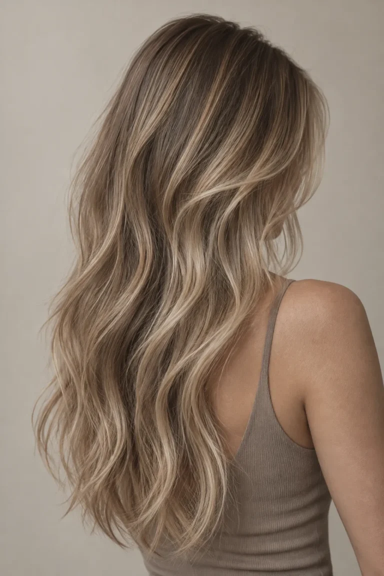 Long wavy brunette hair with soft caramel color dimension, seen from behind