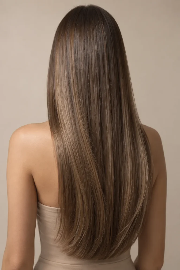 Long, straight, glossy brown hair after a smoothing keratin treatment, seen from behind