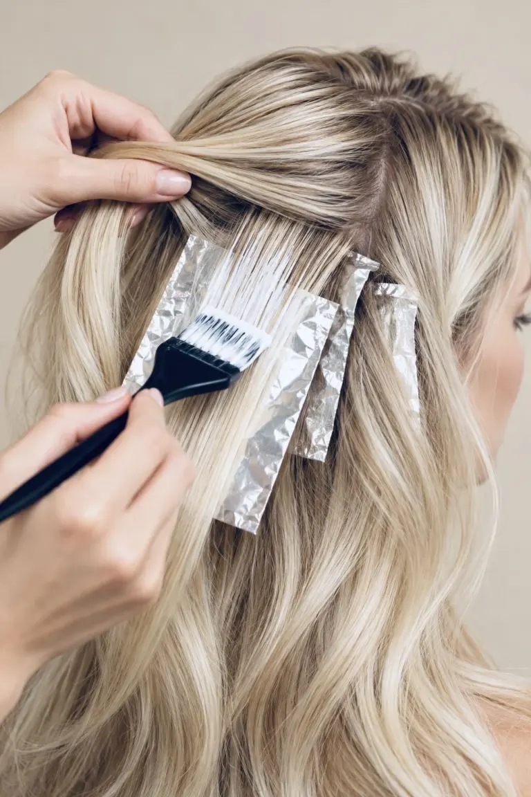 Stylist painting lightener onto blonde hair between foils