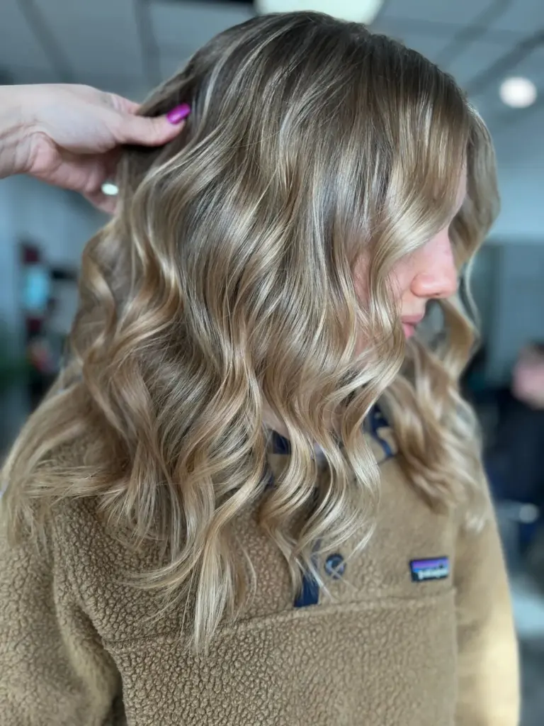 Bronde balayage waves over a soft brown base