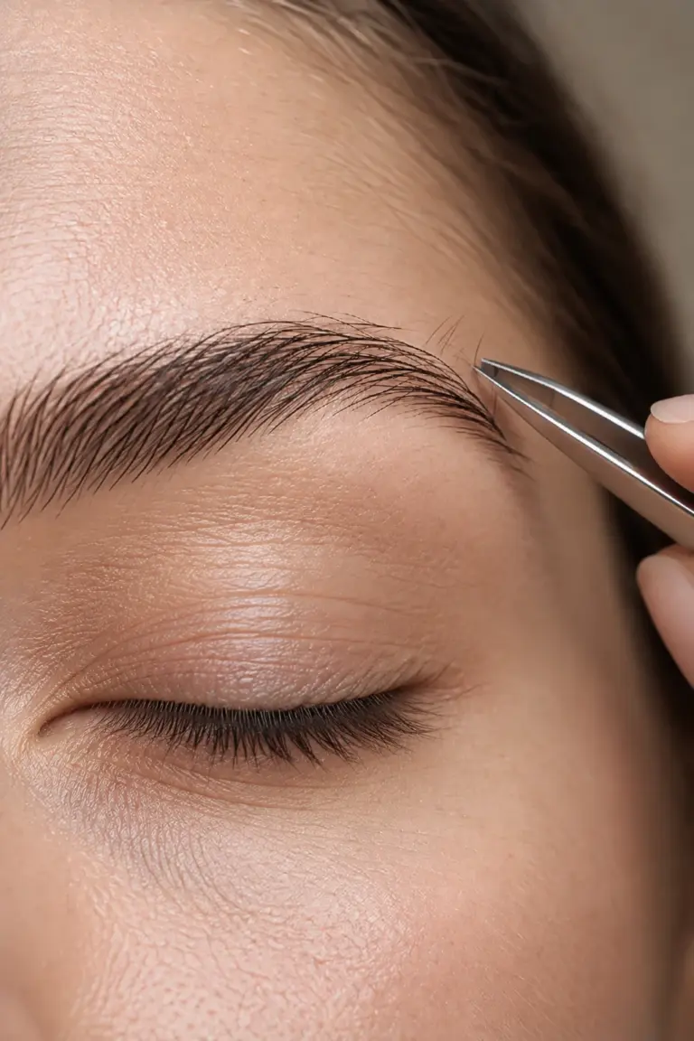 Close-up of a natural eyebrow being shaped with tweezers