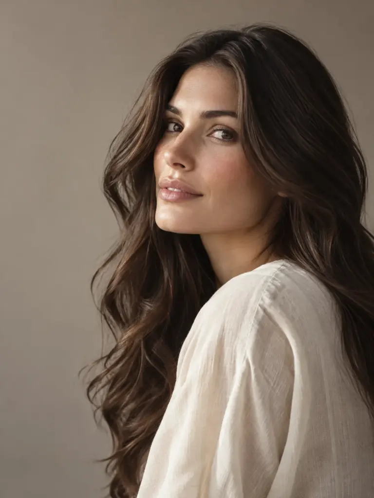 Editorial portrait of a woman with long brunette hair against a warm taupe backdrop