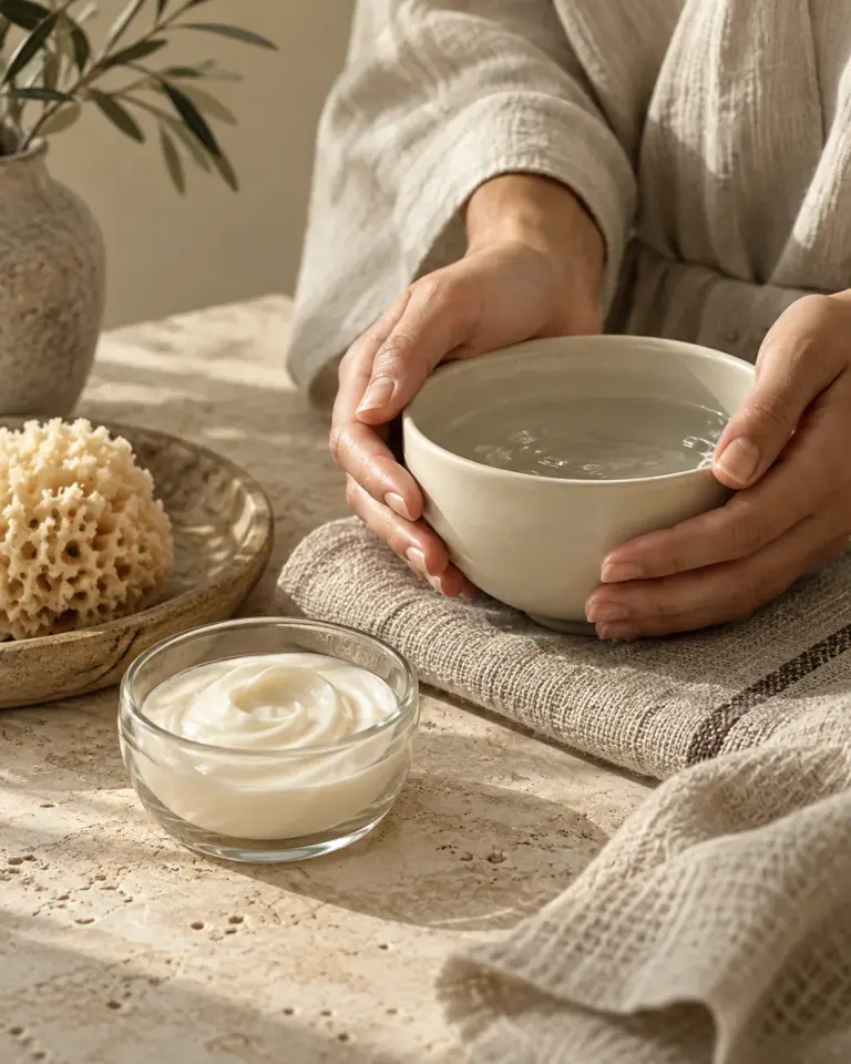 Editorial skin care ritual with hands holding a ceramic bowl over natural linen
