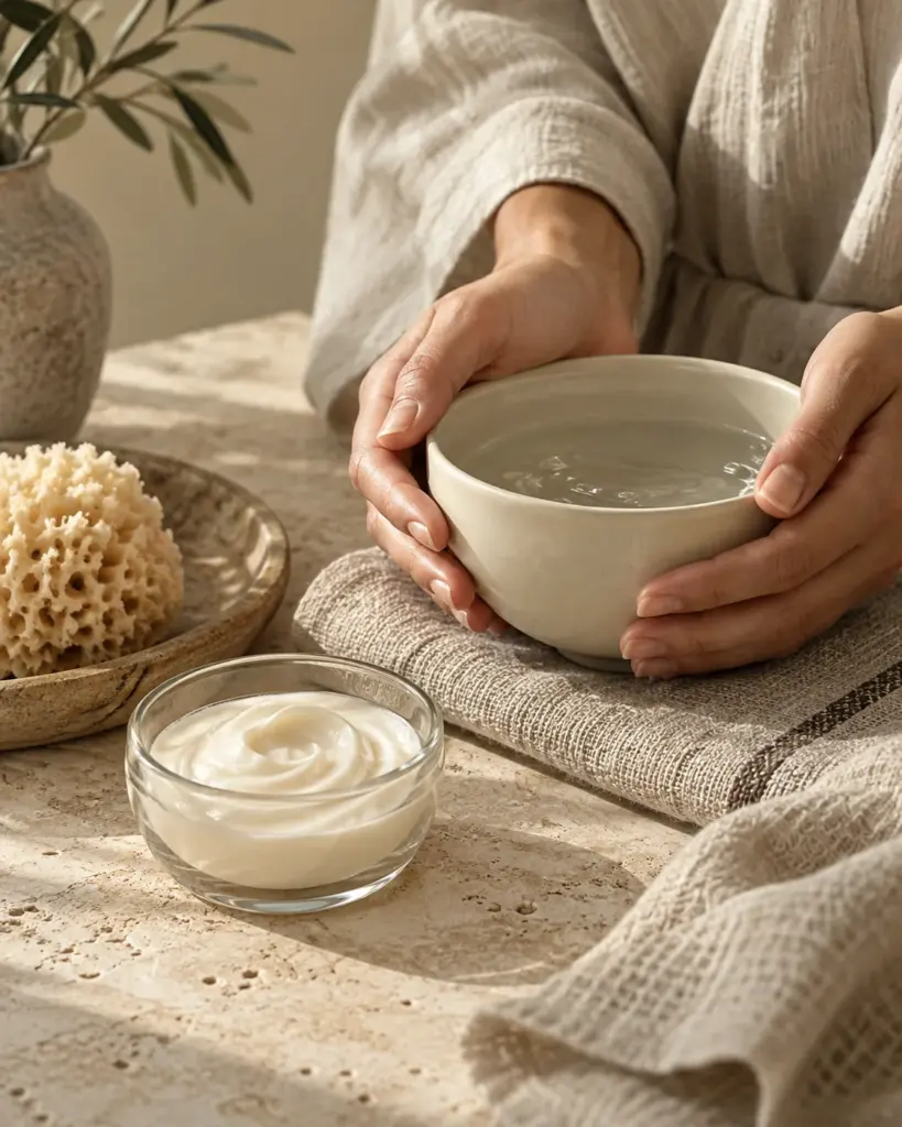 Editorial skin care ritual with hands holding a ceramic bowl over natural linen