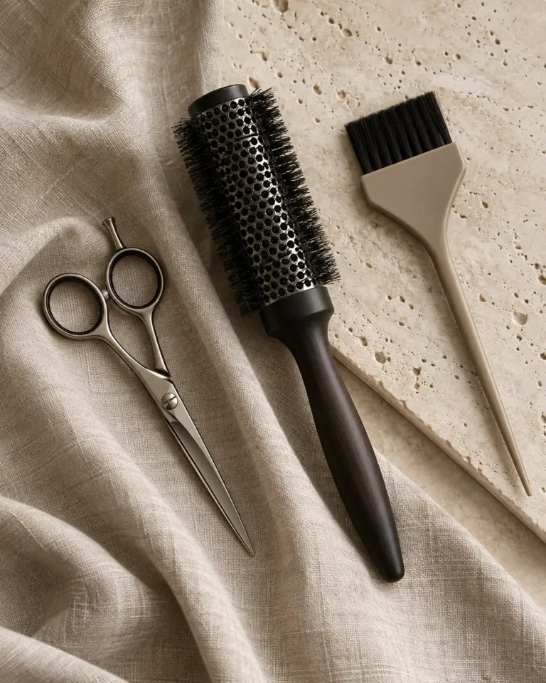Salon scissors, round brush and color brush arranged on linen and travertine