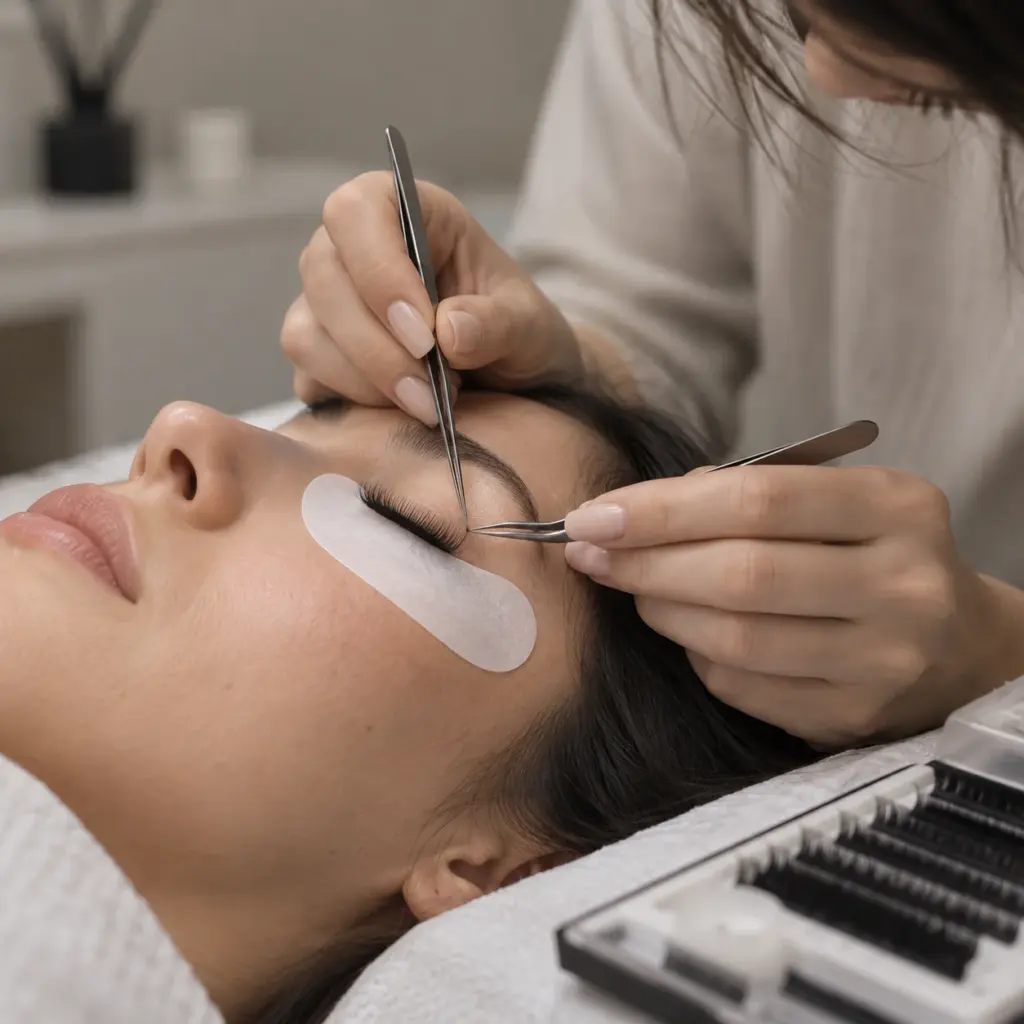 Esthetician applying eyelash extensions with fine tweezers