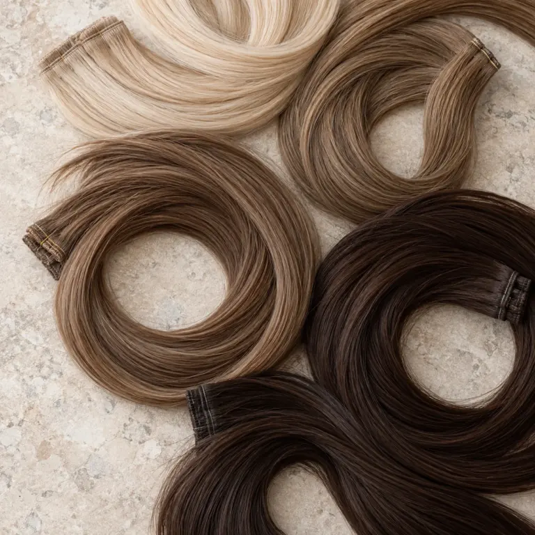 Coiled hair extension wefts in blonde, light brown, brown and dark brown shades