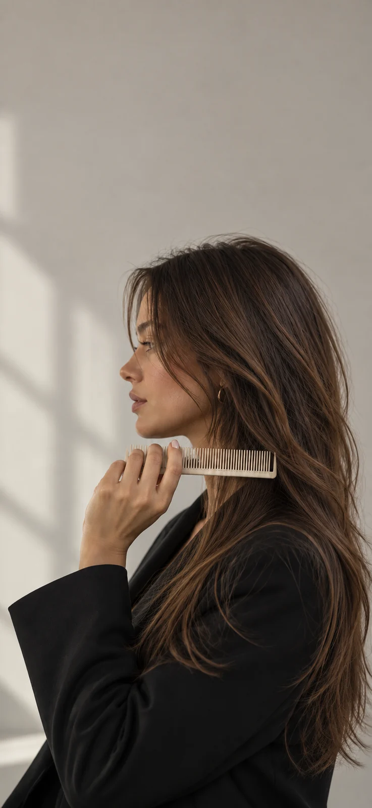 Woman with long layered brunette hair holding a comb